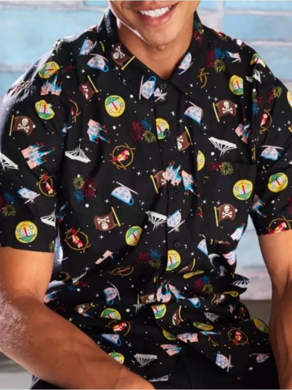 Disney Parks Our Universe Attractions and Icons button up shirt